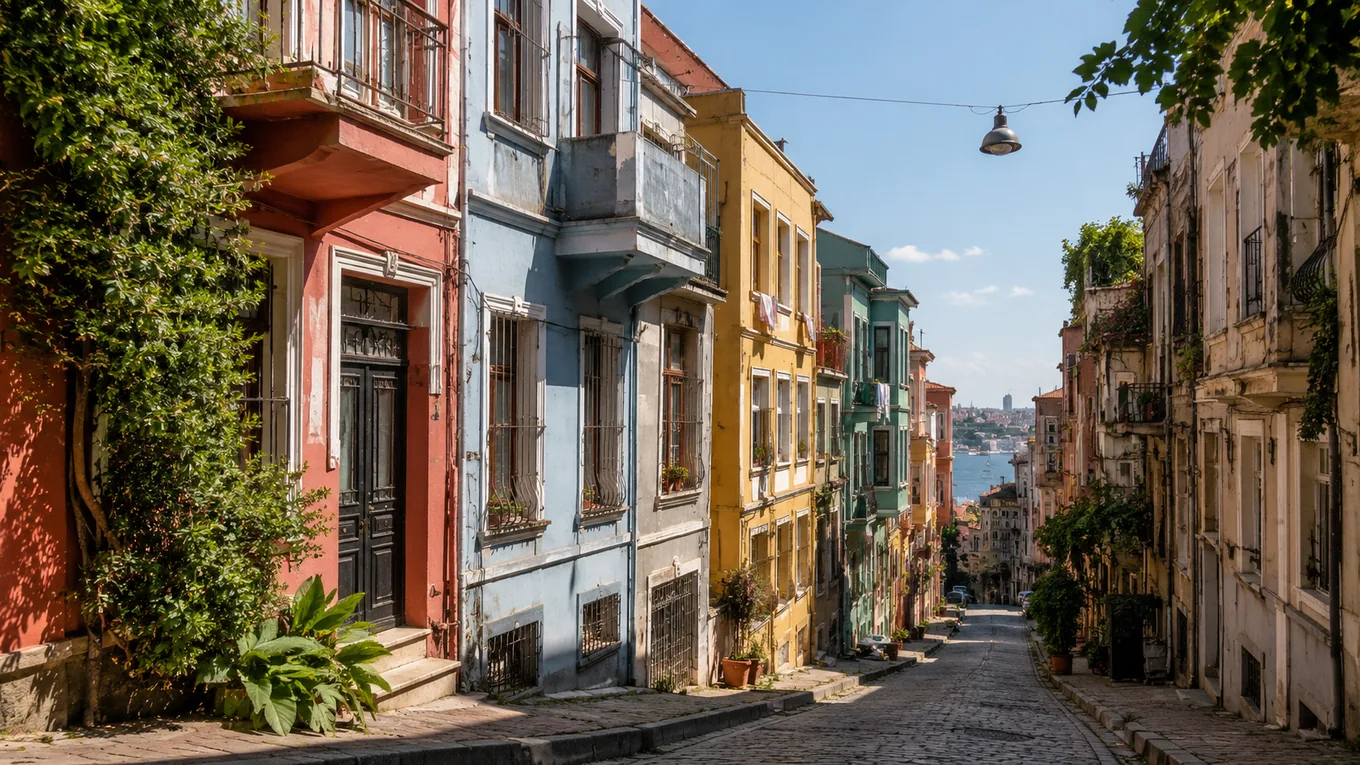 Stradă în pantă din cartierul Balat, Istanbul, cu case în culori pastelate