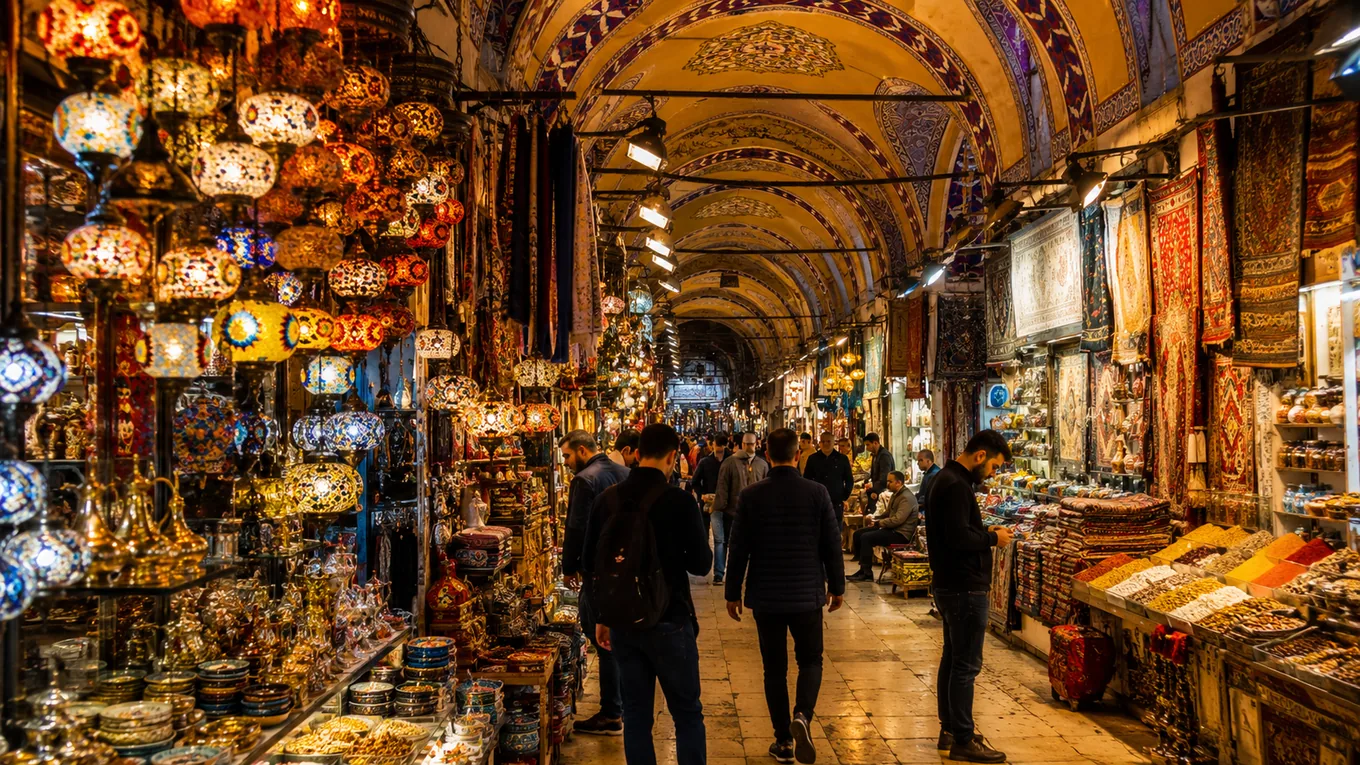 Interiorul Marelui Bazar din Istanbul, cu lămpi turcești colorate și covoare