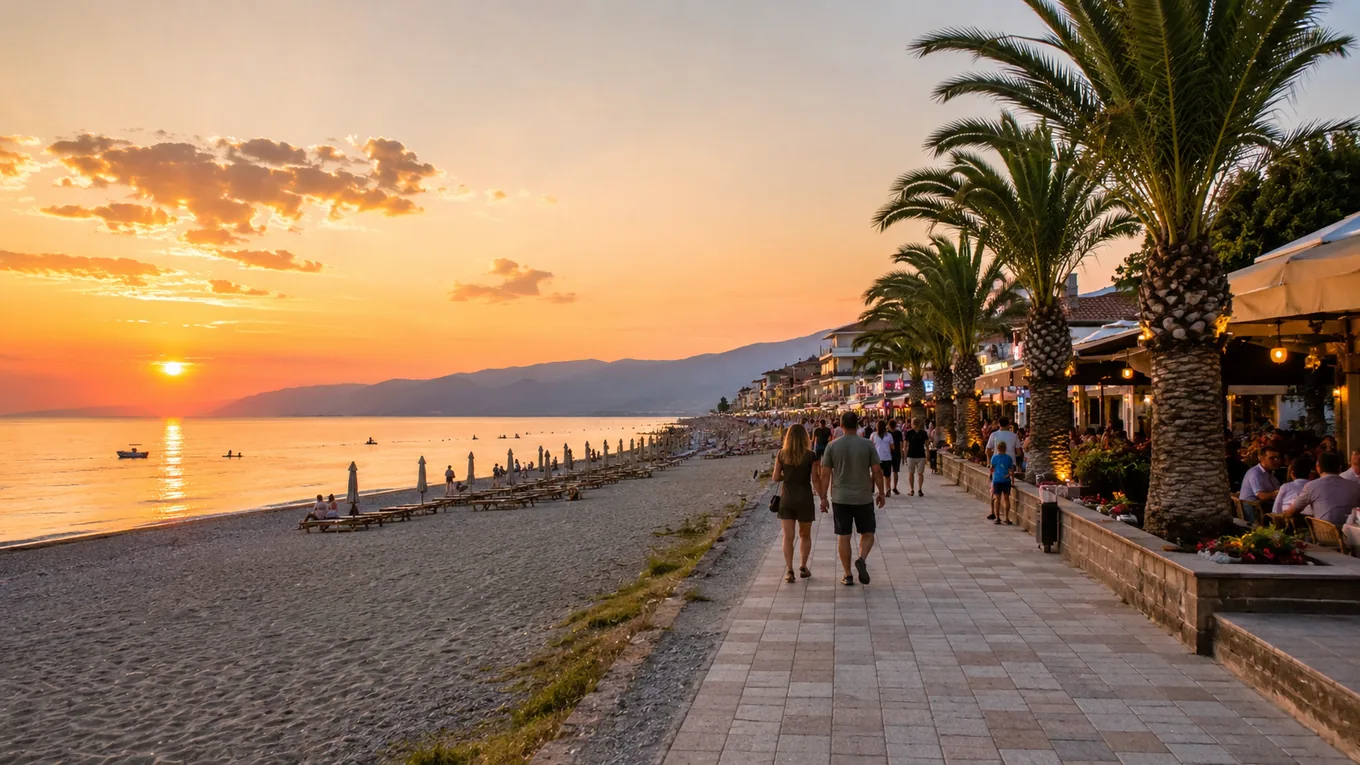 Promenada din Paralia Katerini la apus, cu taverne și palmieri
